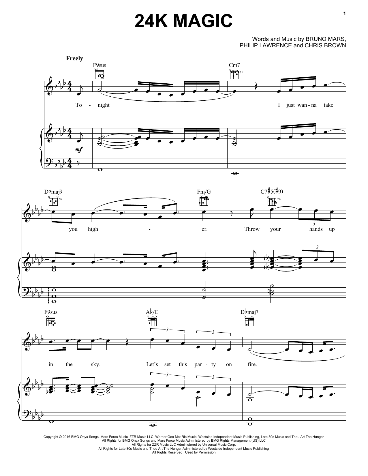 Download Bruno Mars 24K Magic Sheet Music and learn how to play Piano, Vocal & Guitar (Right-Hand Melody) PDF digital score in minutes