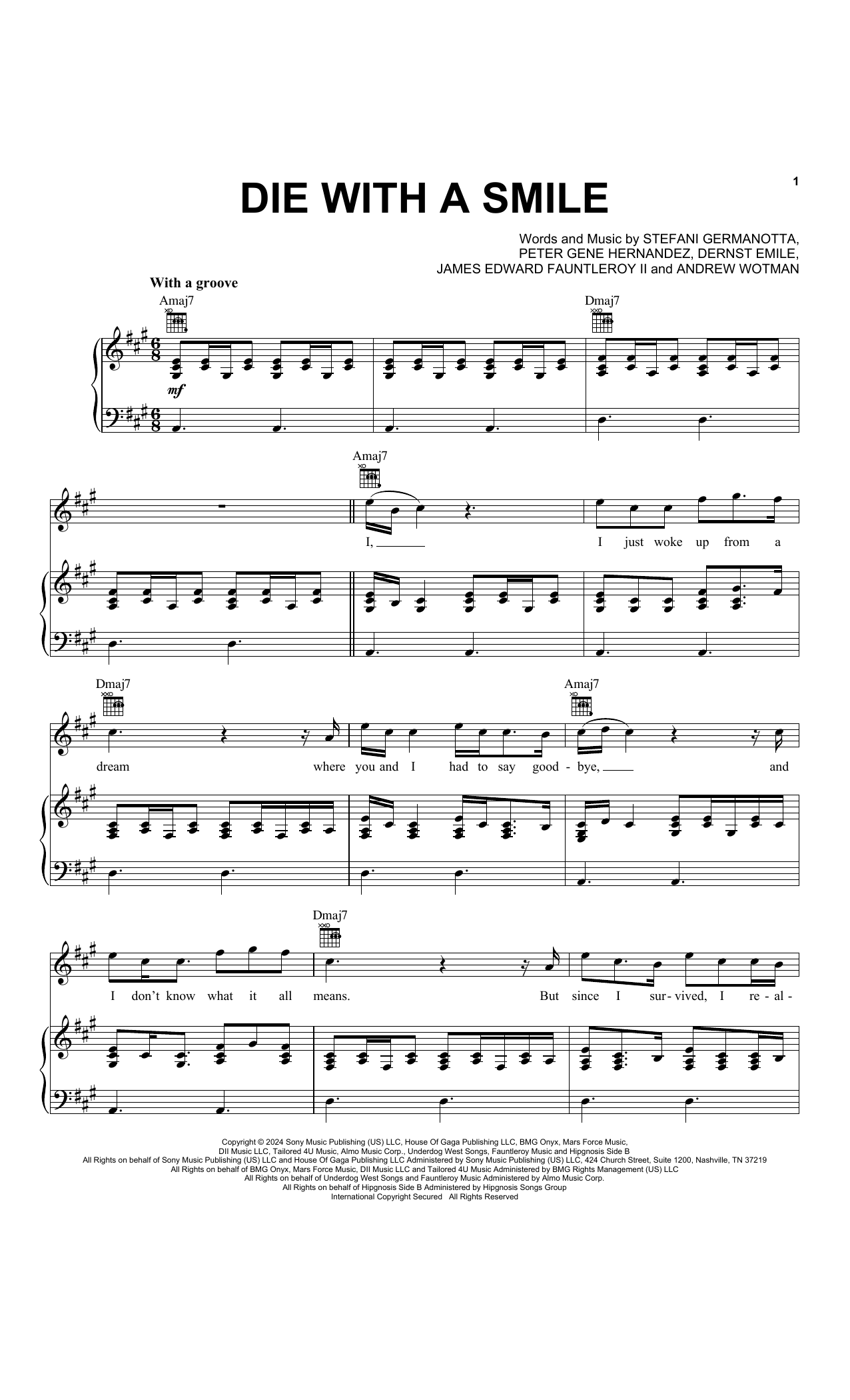 Download Bruno Mars & Lady Gaga Die With A Smile Sheet Music and learn how to play Guitar Chords/Lyrics PDF digital score in minutes