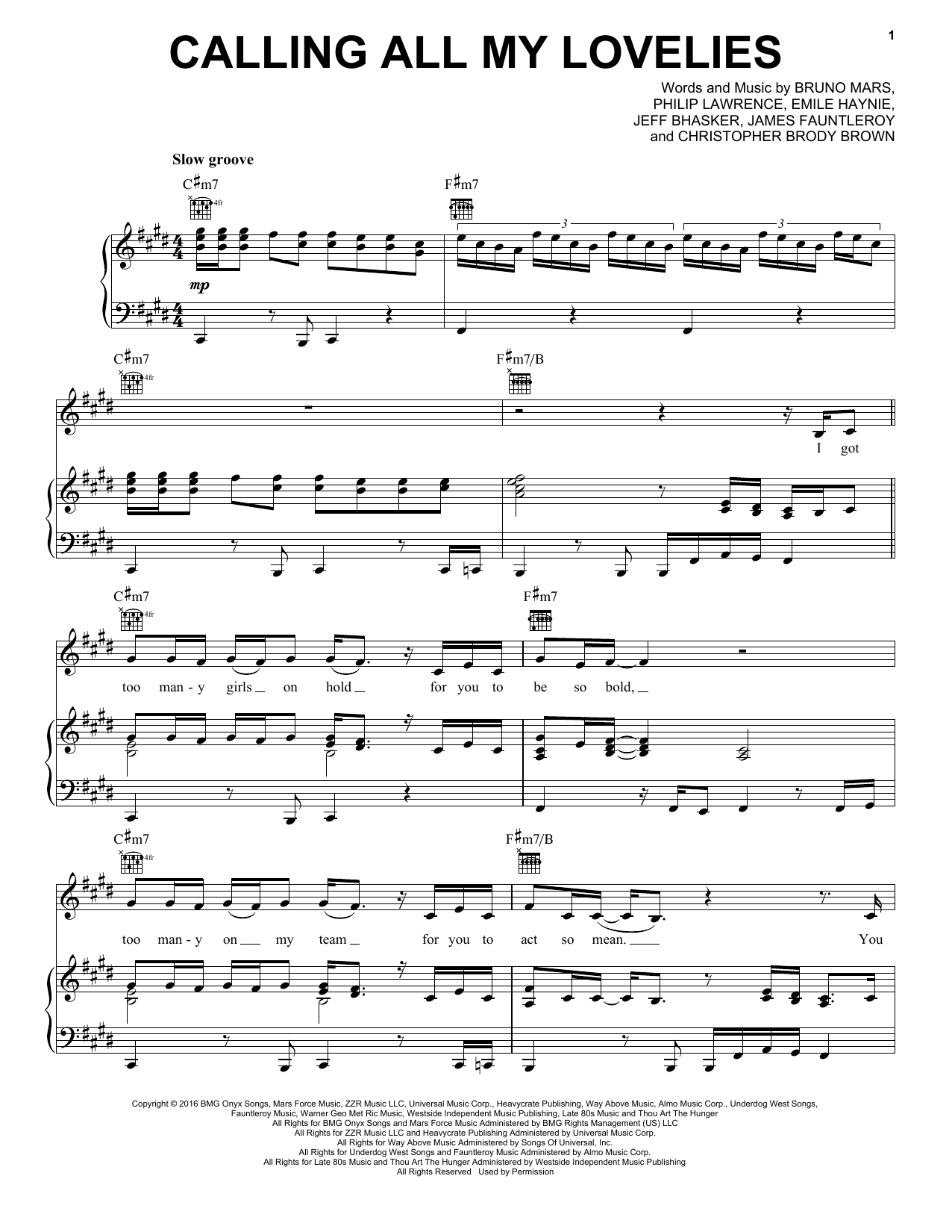 Download Bruno Mars Calling All My Lovelies Sheet Music and learn how to play Piano, Vocal & Guitar (Right-Hand Melody) PDF digital score in minutes