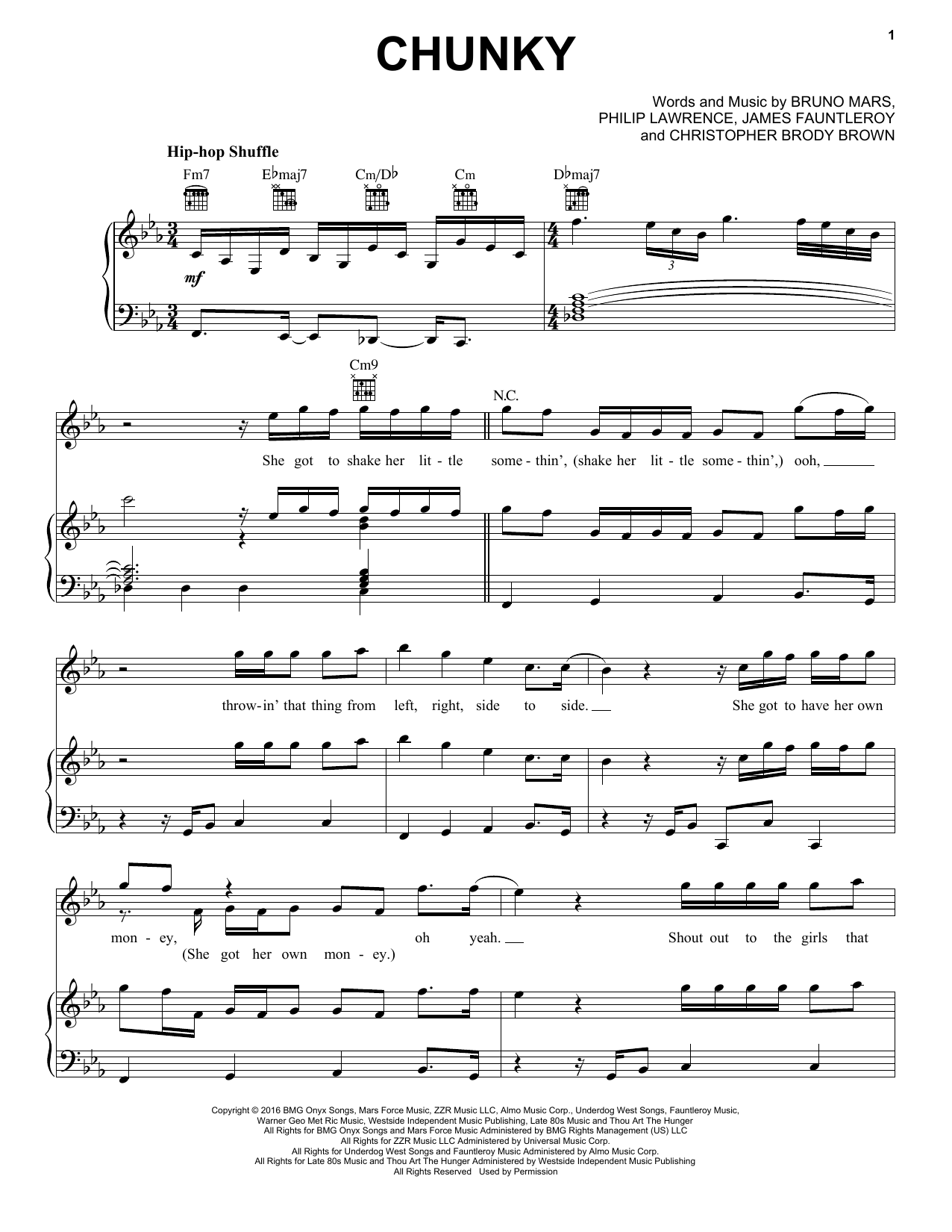 Download Bruno Mars Chunky Sheet Music and learn how to play Piano, Vocal & Guitar (Right-Hand Melody) PDF digital score in minutes