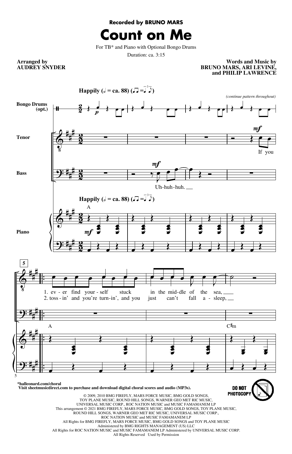 Download Bruno Mars Count On Me (arr. Audrey Snyder) Sheet Music and learn how to play TB Choir PDF digital score in minutes