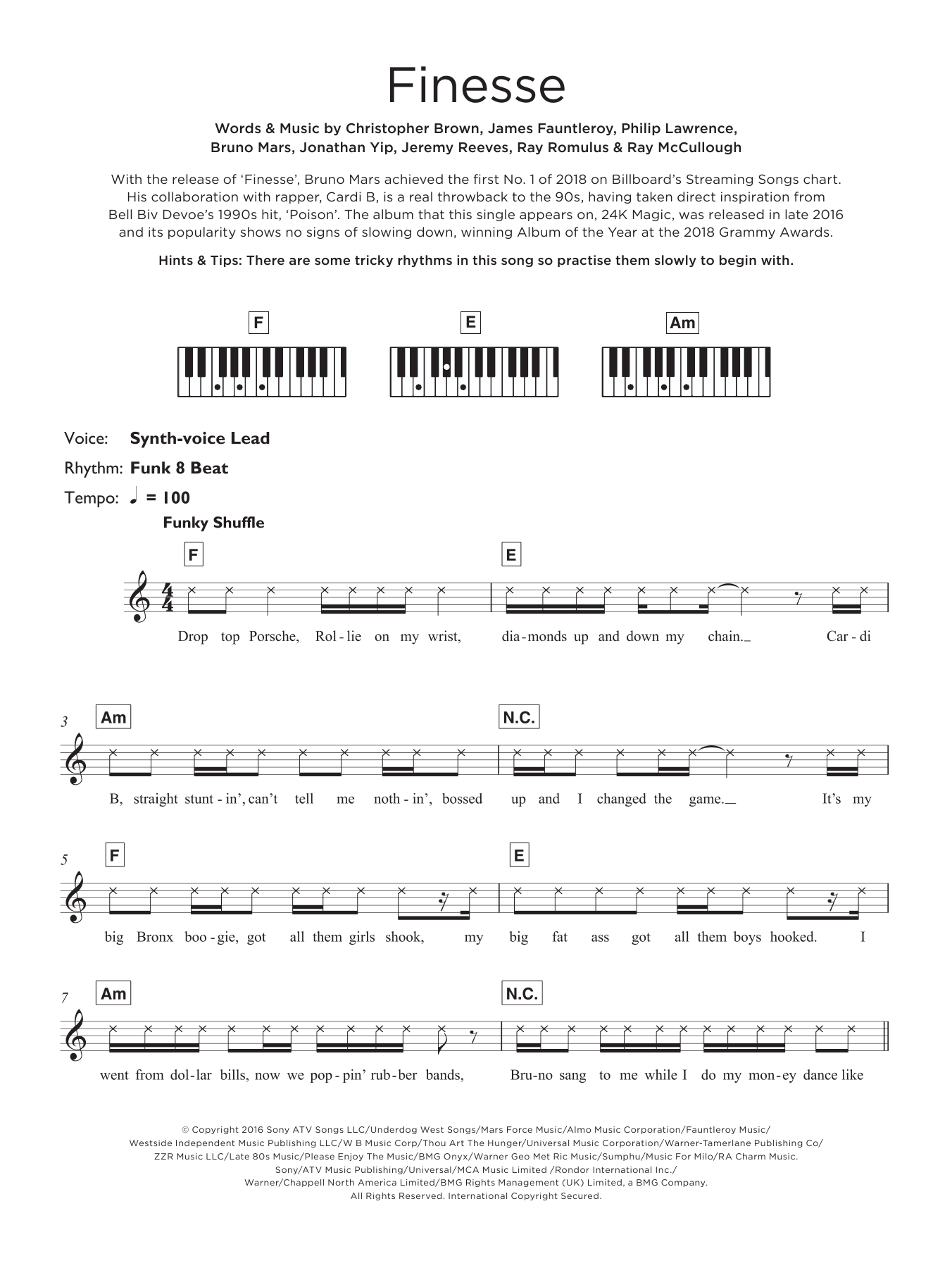 Download Bruno Mars Finesse (feat. Cardi B) Sheet Music and learn how to play Keyboard PDF digital score in minutes