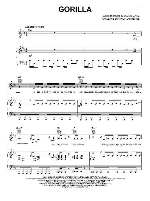 Download Bruno Mars Gorilla Sheet Music and learn how to play Lyrics & Chords PDF digital score in minutes