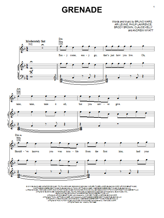 Download Bruno Mars Grenade Sheet Music and learn how to play Keyboard PDF digital score in minutes