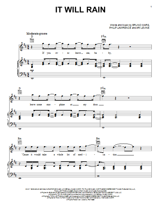 Download Bruno Mars It Will Rain Sheet Music and learn how to play Piano, Vocal & Guitar (Right-Hand Melody) PDF digital score in minutes