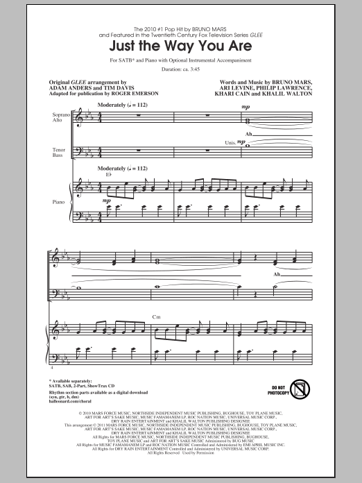 Download Bruno Mars Just The Way You Are (from Glee) (arr. Roger Emerson) Sheet Music and learn how to play 2-Part Choir PDF digital score in minutes