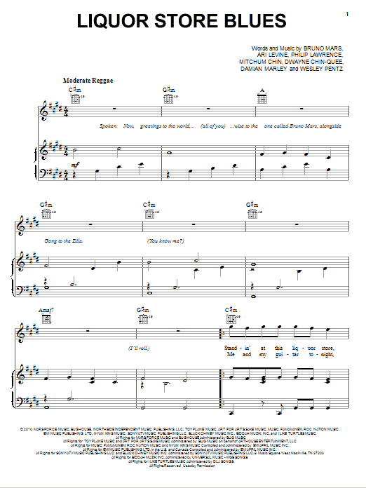 Download Bruno Mars Liquor Store Blues Sheet Music and learn how to play Piano, Vocal & Guitar (Right-Hand Melody) PDF digital score in minutes
