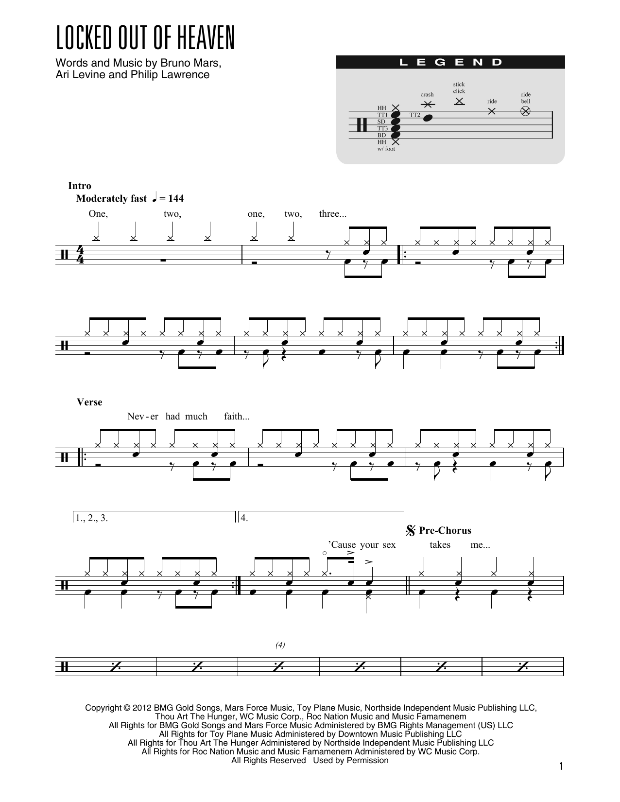 Download Bruno Mars Locked Out Of Heaven (arr. Kennan Wylie) Sheet Music and learn how to play Drum Chart PDF digital score in minutes