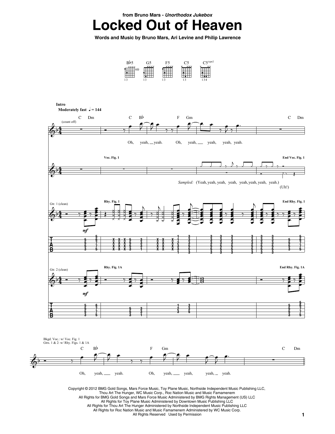 Download Bruno Mars Locked Out Of Heaven Sheet Music and learn how to play Easy Guitar Tab PDF digital score in minutes