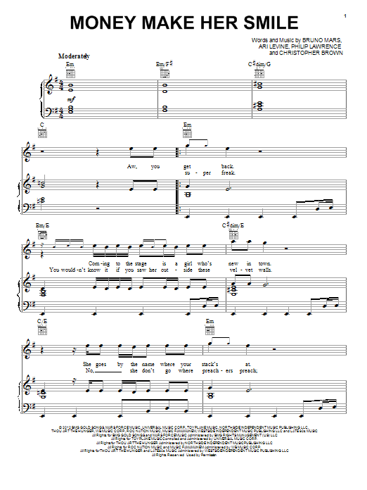 Download Bruno Mars Money Make Her Smile Sheet Music and learn how to play Piano, Vocal & Guitar (Right-Hand Melody) PDF digital score in minutes