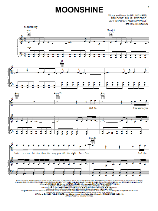 Download Bruno Mars Moonshine Sheet Music and learn how to play Lyrics & Chords PDF digital score in minutes