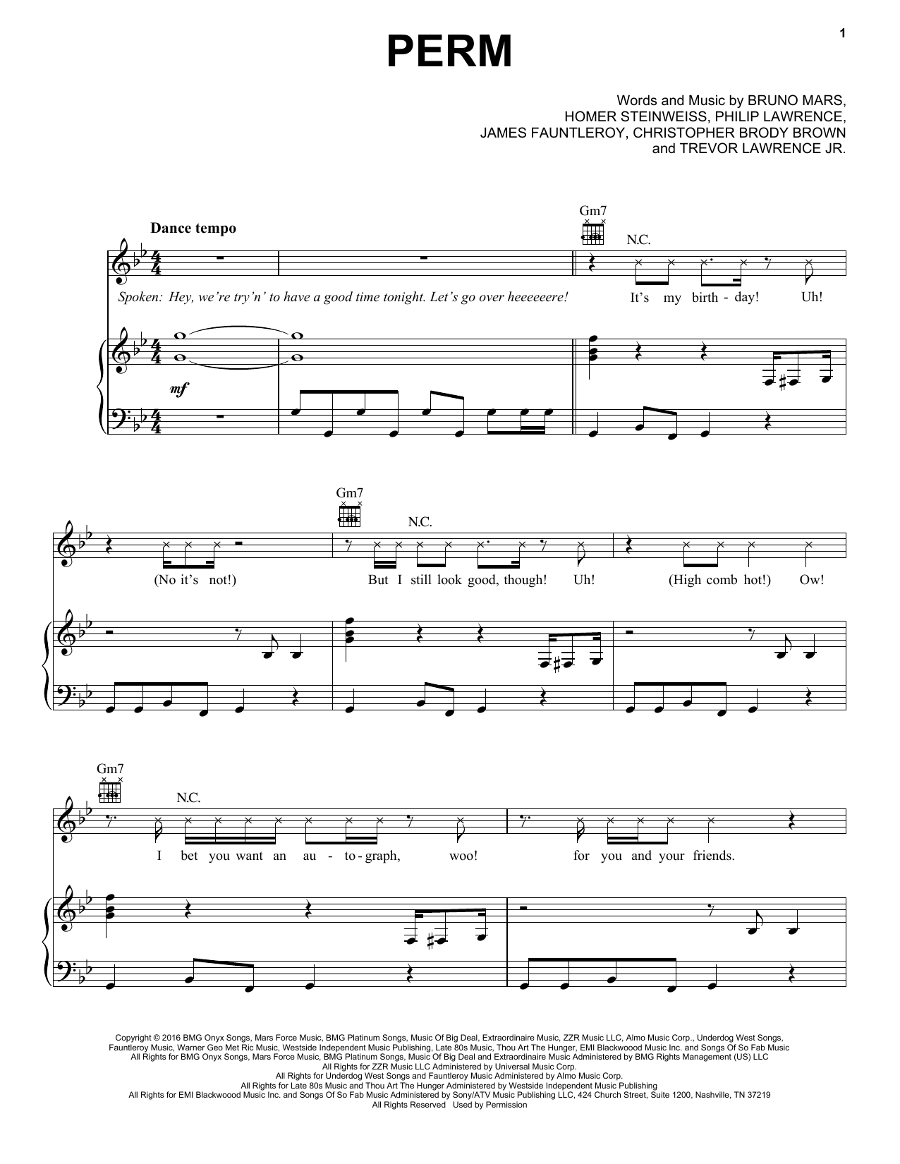 Download Bruno Mars Perm Sheet Music and learn how to play Piano, Vocal & Guitar (Right-Hand Melody) PDF digital score in minutes