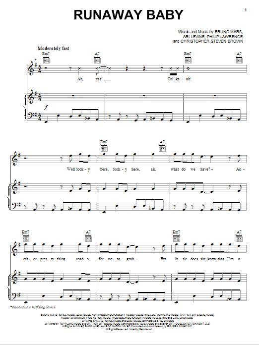 Download Bruno Mars Runaway Baby Sheet Music and learn how to play Easy Guitar Tab PDF digital score in minutes