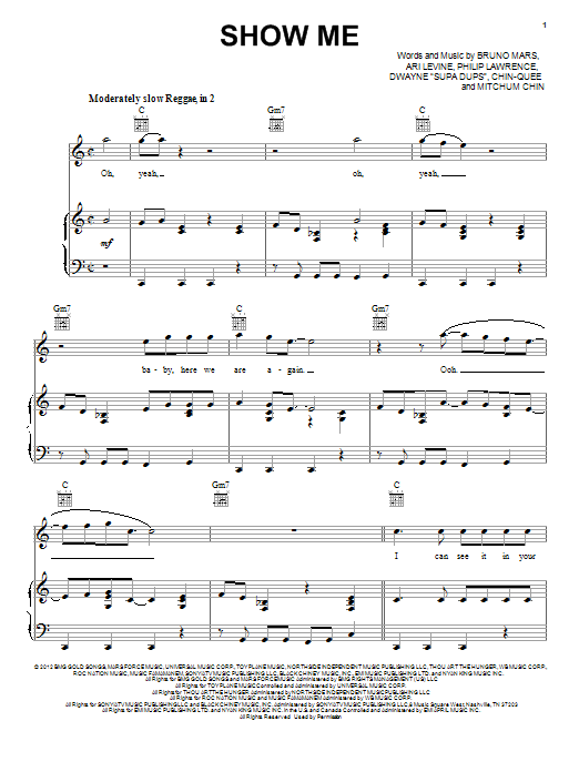 Download Bruno Mars Show Me Sheet Music and learn how to play Piano, Vocal & Guitar (Right-Hand Melody) PDF digital score in minutes
