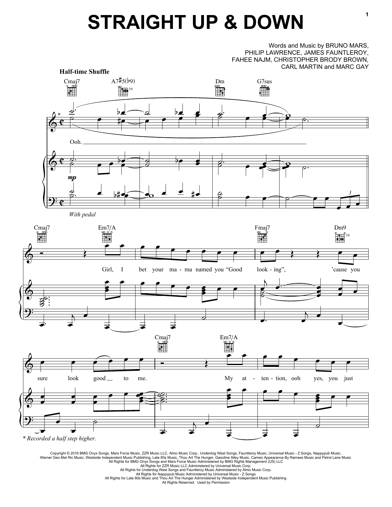 Download Bruno Mars Straight Up & Down Sheet Music and learn how to play Piano, Vocal & Guitar (Right-Hand Melody) PDF digital score in minutes