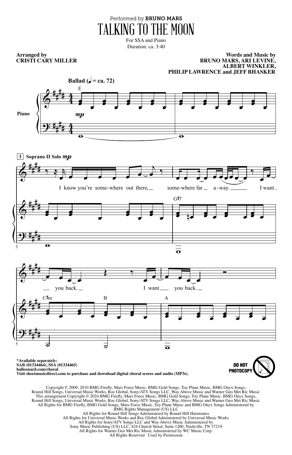 Download Bruno Mars Talking To The Moon (arr. Cristi Cary Miller) Sheet Music and learn how to play SAB Choir PDF digital score in minutes