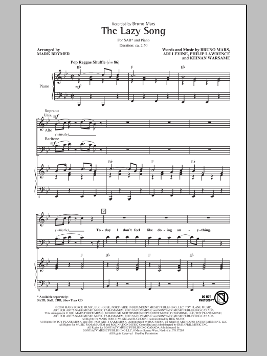 Download Bruno Mars The Lazy Song (arr. Mark Brymer) Sheet Music and learn how to play SAB PDF digital score in minutes