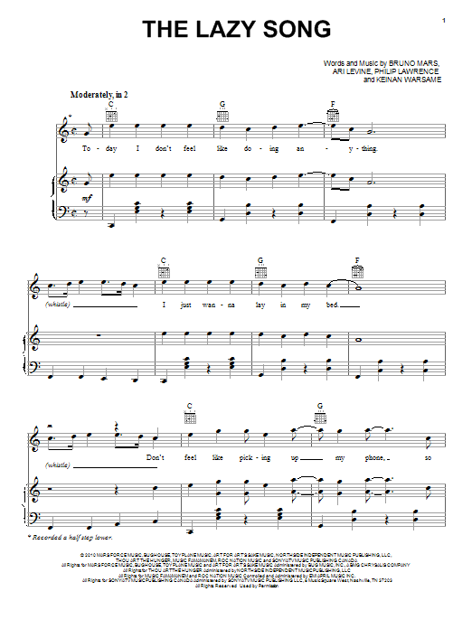 Download Bruno Mars The Lazy Song Sheet Music and learn how to play Piano, Vocal & Guitar (Right-Hand Melody) PDF digital score in minutes