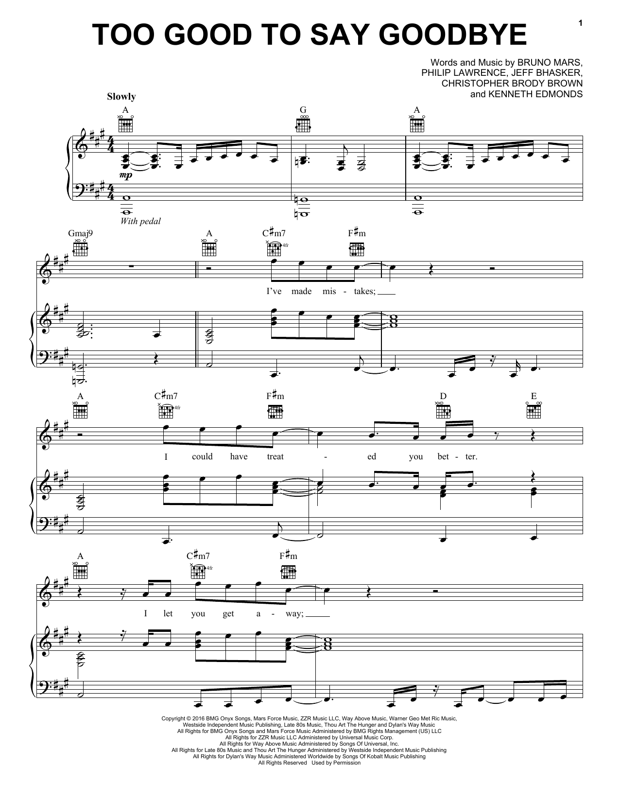 Download Bruno Mars Too Good To Say Goodbye Sheet Music and learn how to play Piano, Vocal & Guitar (Right-Hand Melody) PDF digital score in minutes