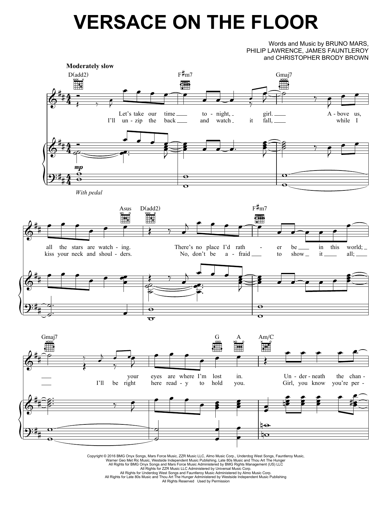 Download Bruno Mars Versace On The Floor Sheet Music and learn how to play Easy Piano PDF digital score in minutes