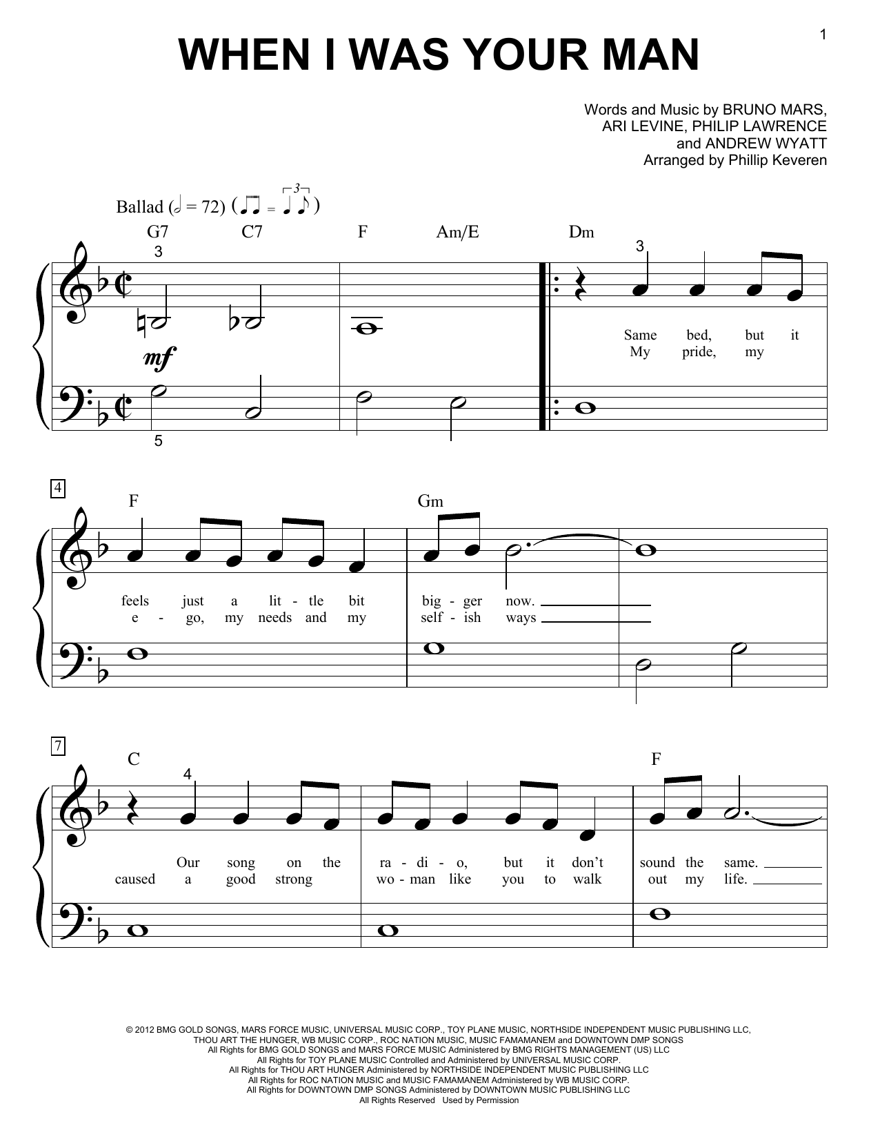 Download Bruno Mars When I Was Your Man Sheet Music and learn how to play Piano (Big Notes) PDF digital score in minutes