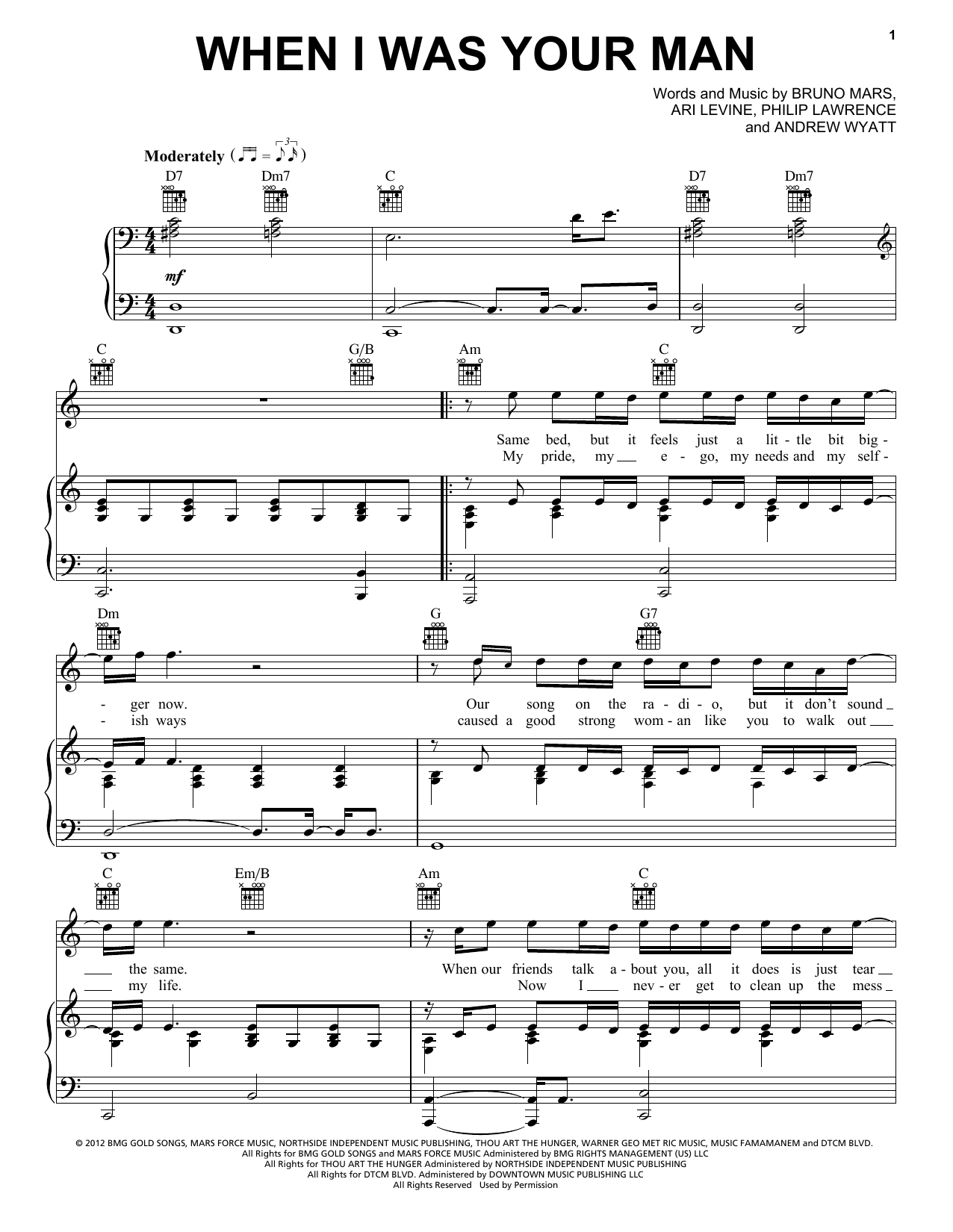 Download Bruno Mars When I Was Your Man Sheet Music and learn how to play SPREP PDF digital score in minutes