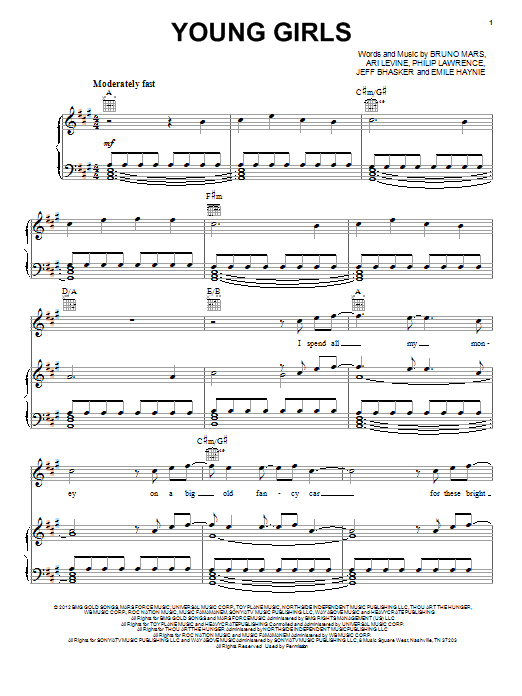 Download Bruno Mars Young Girls Sheet Music and learn how to play Piano, Vocal & Guitar (Right-Hand Melody) PDF digital score in minutes