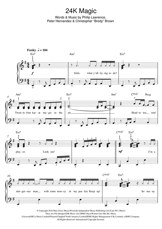 Download Bruno Mars Sheet Music and learn how to play Piano, Vocal & Guitar (Right-Hand Melody) PDF score in minutes