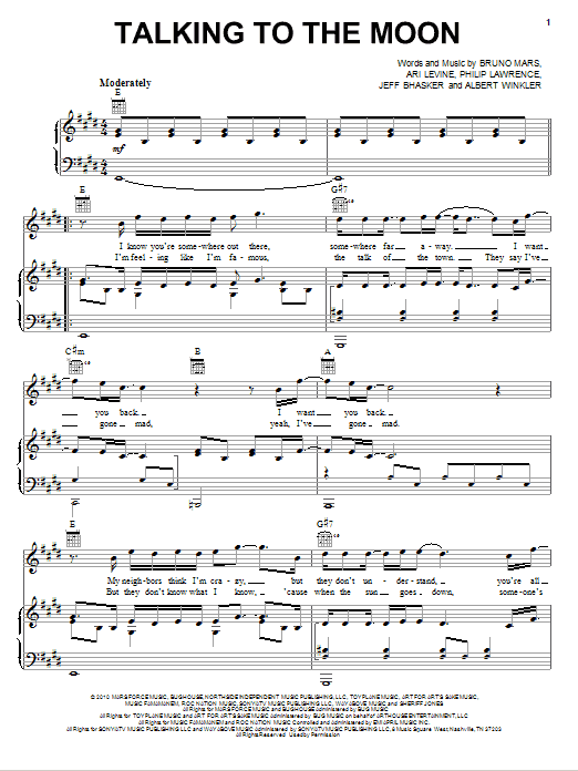 Bruno Mars Talking To The Moon Sheet Music Notes Download Printable 