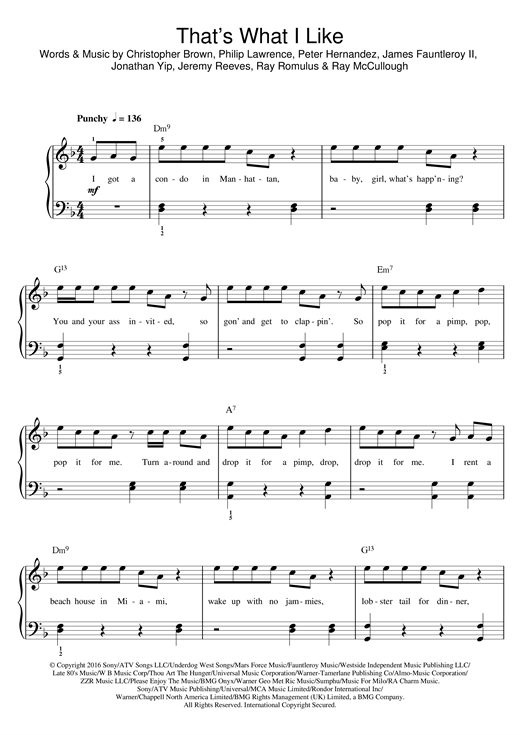 Download Bruno Mars Sheet Music and learn how to play Piano, Vocal & Guitar (Right-Hand Melody) PDF score in minutes