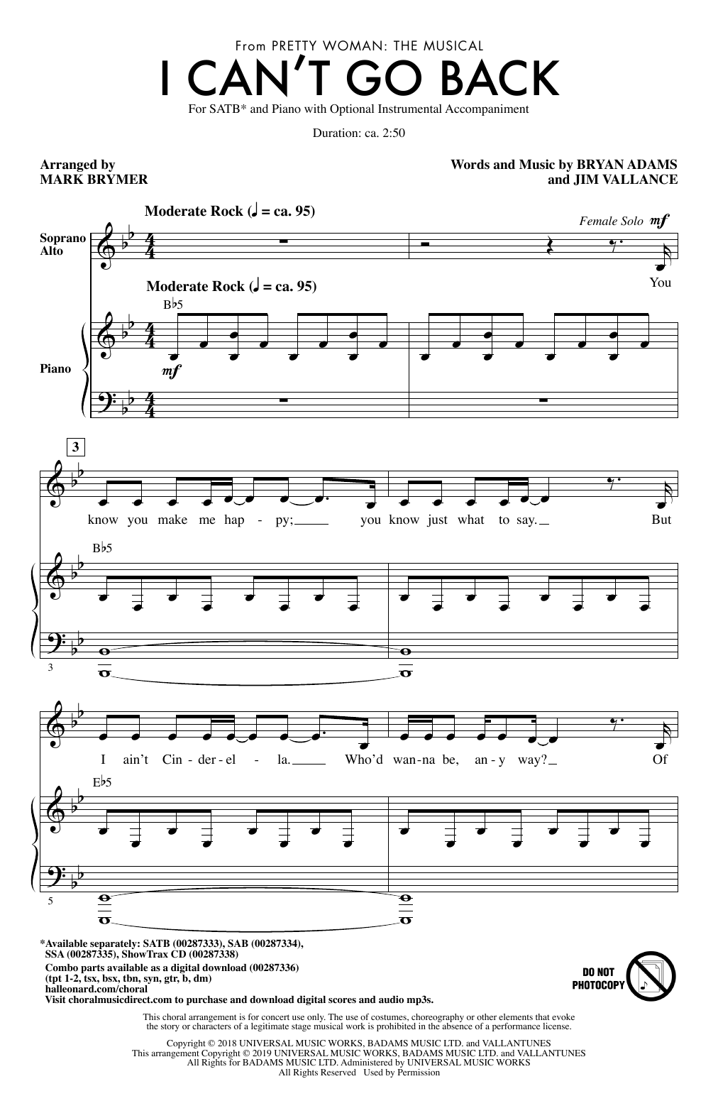 Download Bryan Adams & Jim Vallance I Can't Go Back (from Pretty Woman: The Musical) (arr. Mark Brymer) Sheet Music and learn how to play SAB Choir PDF digital score in minutes