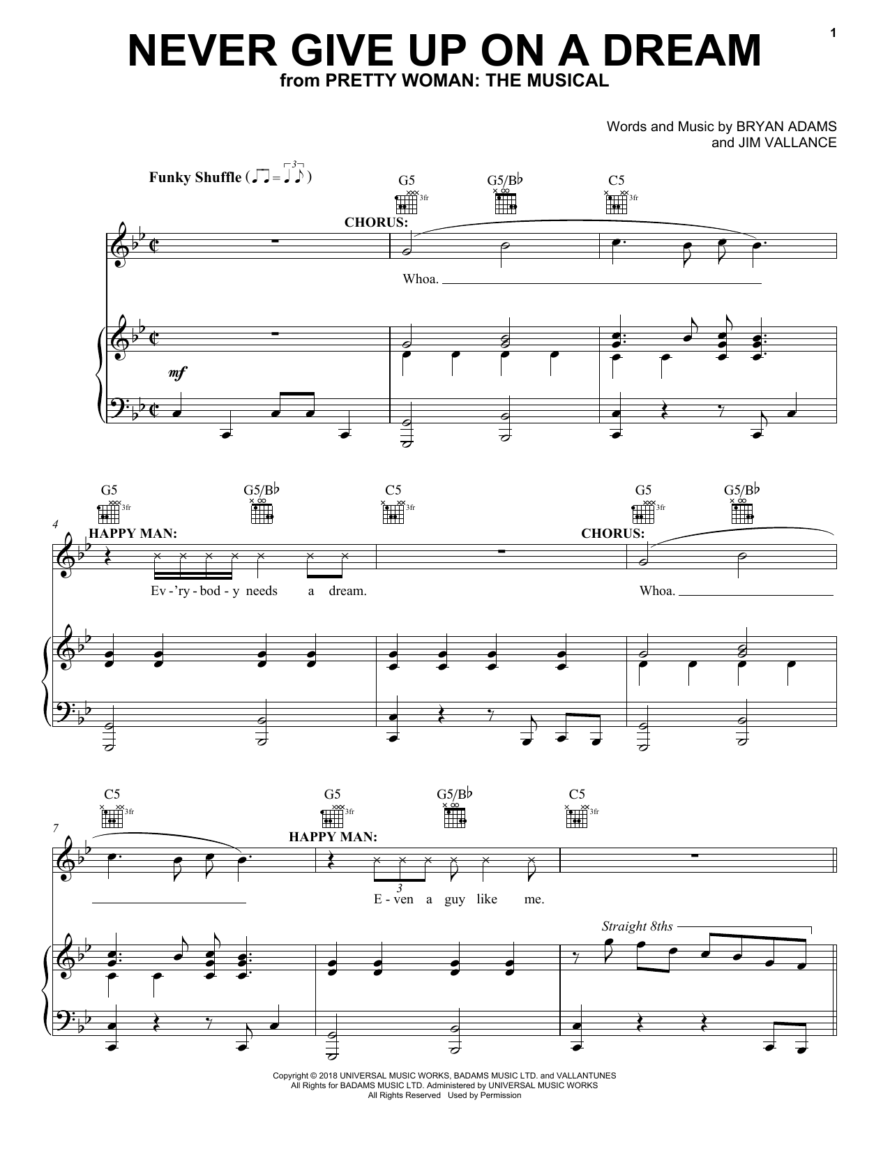 Download Bryan Adams & Jim Vallance Never Give Up On A Dream (from Pretty Woman: The Musical) Sheet Music and learn how to play Piano, Vocal & Guitar Chords (Right-Hand Melody) PDF digital score in minutes