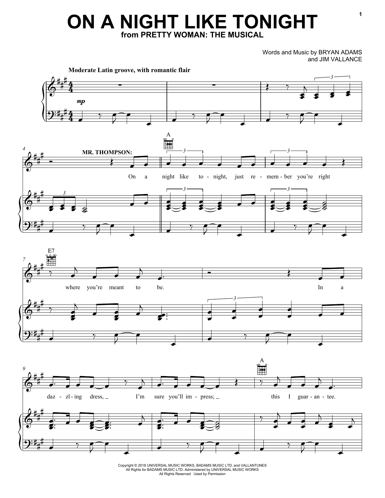 Download Bryan Adams & Jim Vallance On A Night Like Tonight (from Pretty Woman: The Musical) Sheet Music and learn how to play Piano, Vocal & Guitar Chords (Right-Hand Melody) PDF digital score in minutes