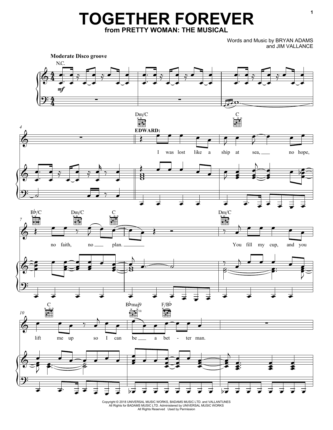 Download Bryan Adams & Jim Vallance Together Forever (from Pretty Woman: The Musical) Sheet Music and learn how to play Piano, Vocal & Guitar Chords (Right-Hand Melody) PDF digital score in minutes