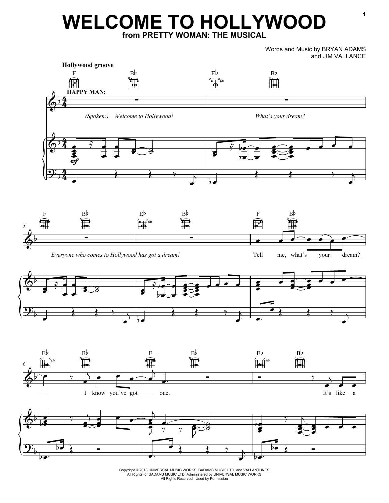 Download Bryan Adams & Jim Vallance Welcome To Hollywood (from Pretty Woman: The Musical) Sheet Music and learn how to play Piano, Vocal & Guitar Chords (Right-Hand Melody) PDF digital score in minutes