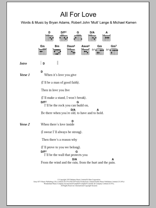 Download Bryan Adams All For Love Sheet Music and learn how to play Lyrics & Chords PDF digital score in minutes