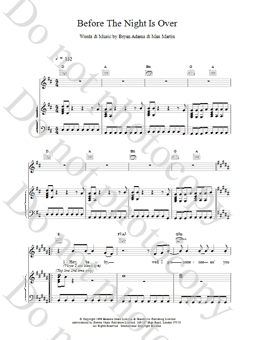 Download Bryan Adams Before The Night Is Over Sheet Music and learn how to play Piano, Vocal & Guitar PDF digital score in minutes