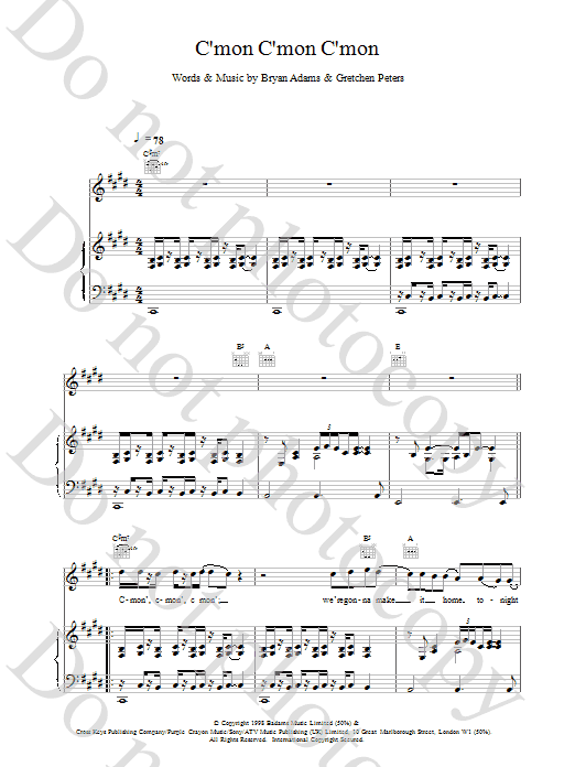 Download Bryan Adams C'mon C'mon C'mon Sheet Music and learn how to play Piano, Vocal & Guitar PDF digital score in minutes