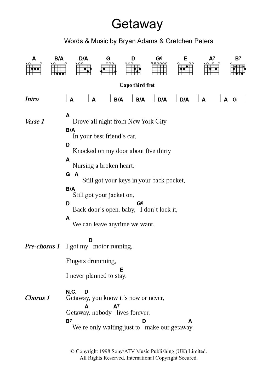 Download Bryan Adams Getaway Sheet Music and learn how to play Lyrics & Chords PDF digital score in minutes