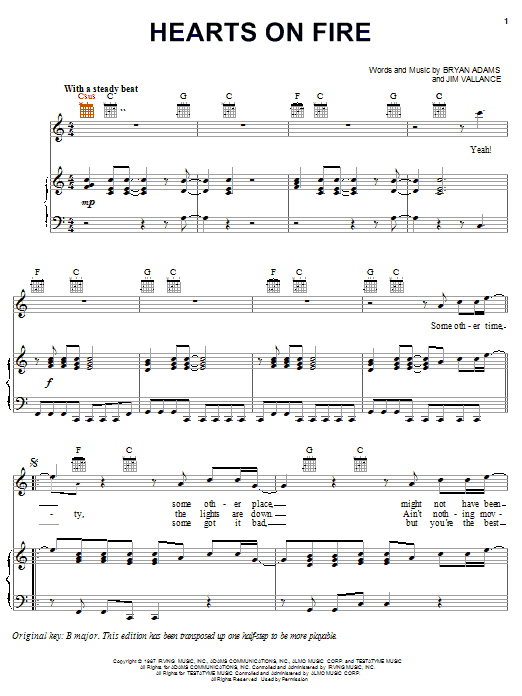 Download Bryan Adams Hearts On Fire Sheet Music and learn how to play Piano, Vocal & Guitar (Right-Hand Melody) PDF digital score in minutes