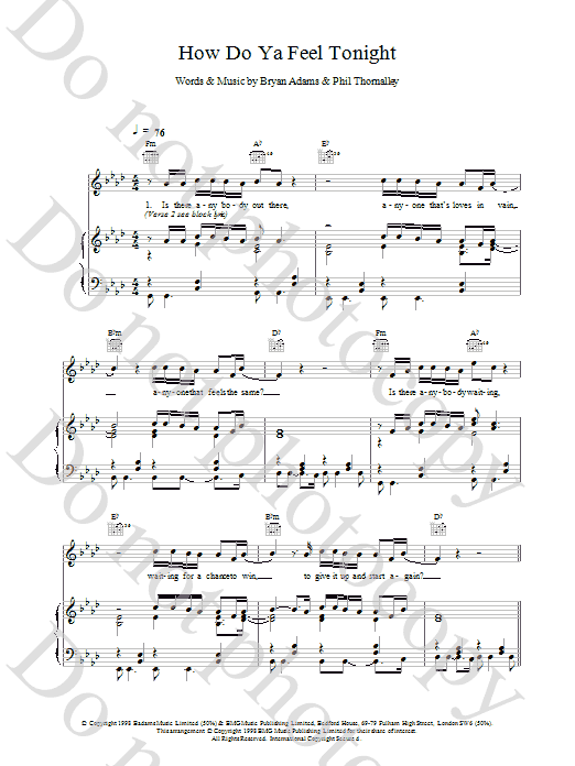 Download Bryan Adams How Do Ya Feel Tonight Sheet Music and learn how to play Piano, Vocal & Guitar (Right-Hand Melody) PDF digital score in minutes