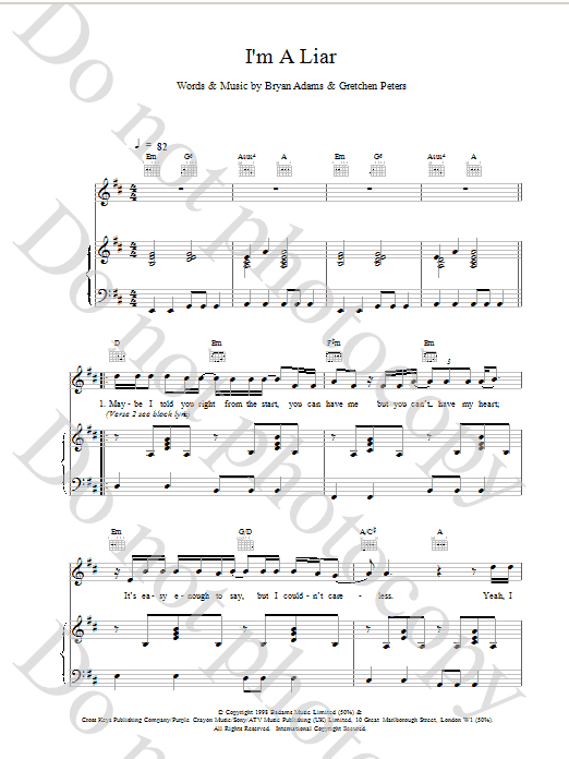Download Bryan Adams I'm A Liar Sheet Music and learn how to play Piano, Vocal & Guitar PDF digital score in minutes