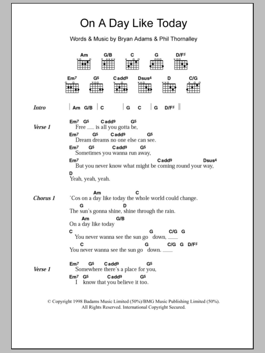 Download Bryan Adams On A Day Like Today Sheet Music and learn how to play Lyrics & Chords PDF digital score in minutes