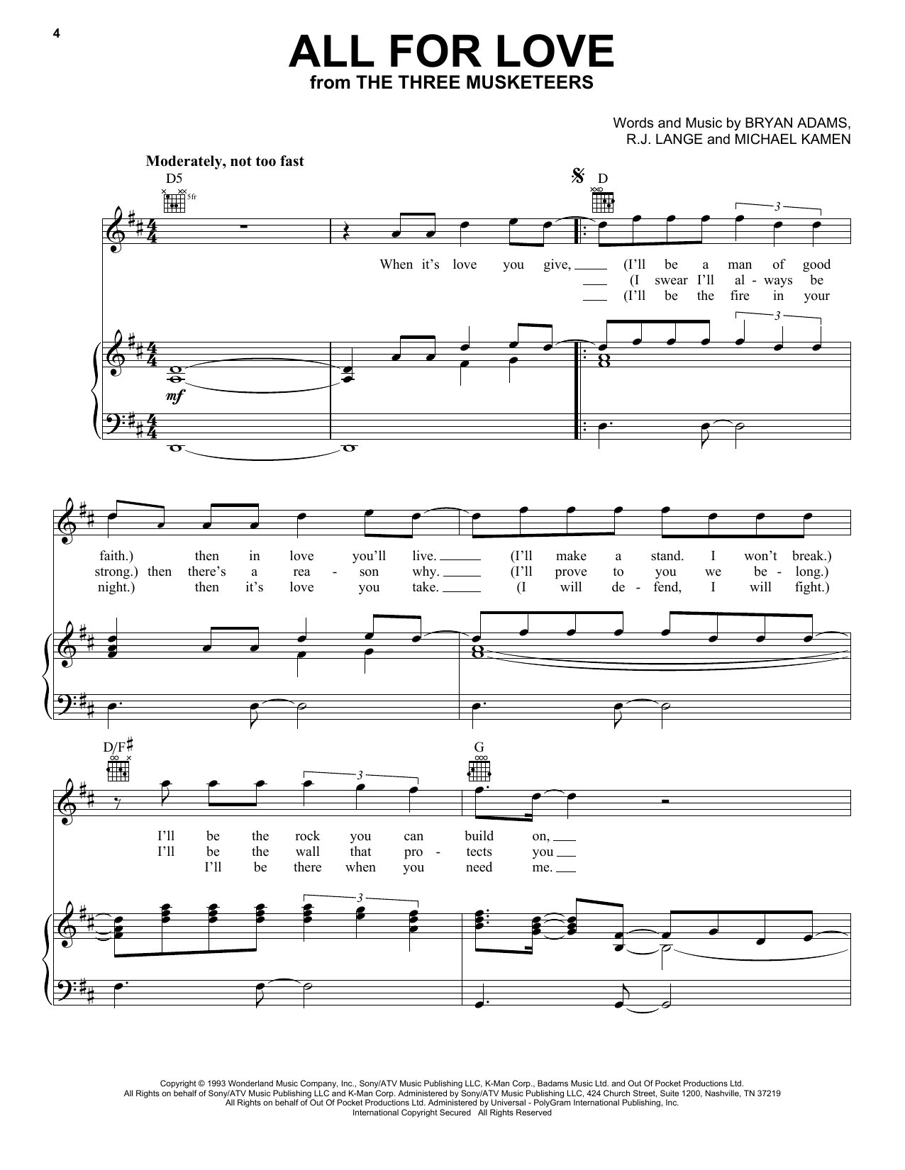 Download Bryan Adams, Rod Stewart & Sting All For Love Sheet Music and learn how to play Piano, Vocal & Guitar (Right-Hand Melody) PDF digital score in minutes