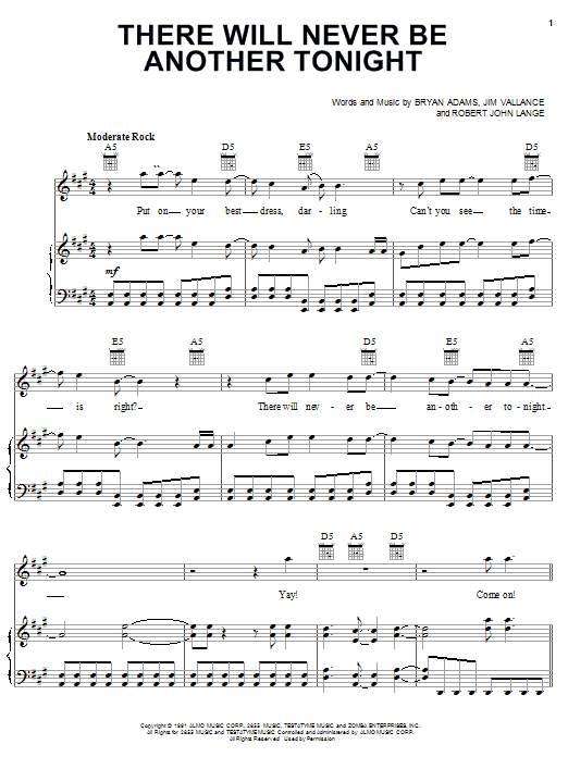 Download Bryan Adams There Will Never Be Another Tonight Sheet Music and learn how to play Piano, Vocal & Guitar (Right-Hand Melody) PDF digital score in minutes