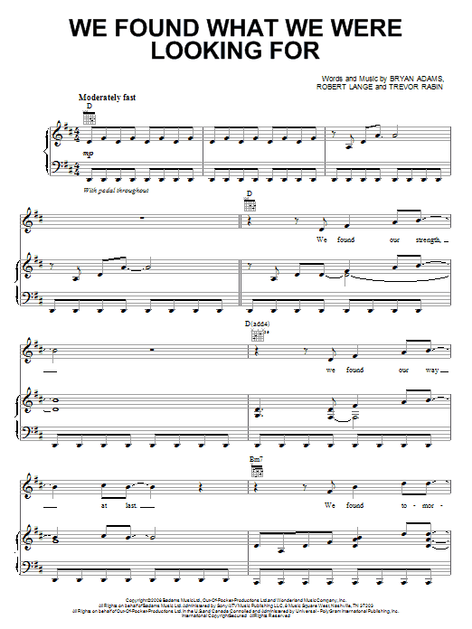 Download Bryan Adams We Found What We Were Looking For Sheet Music and learn how to play Piano, Vocal & Guitar (Right-Hand Melody) PDF digital score in minutes