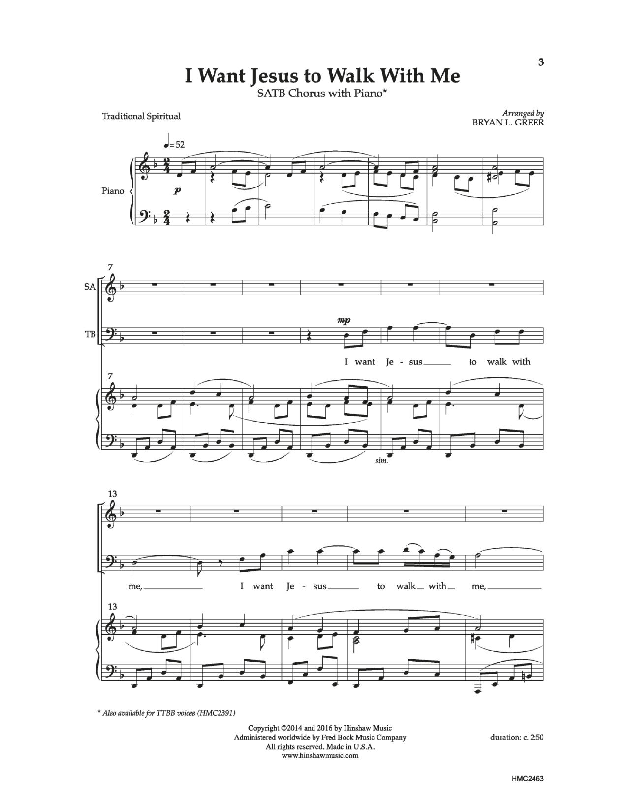 Download Bryan Greer I Want Jesus To Walk With Me Sheet Music and learn how to play SATB Choir PDF digital score in minutes