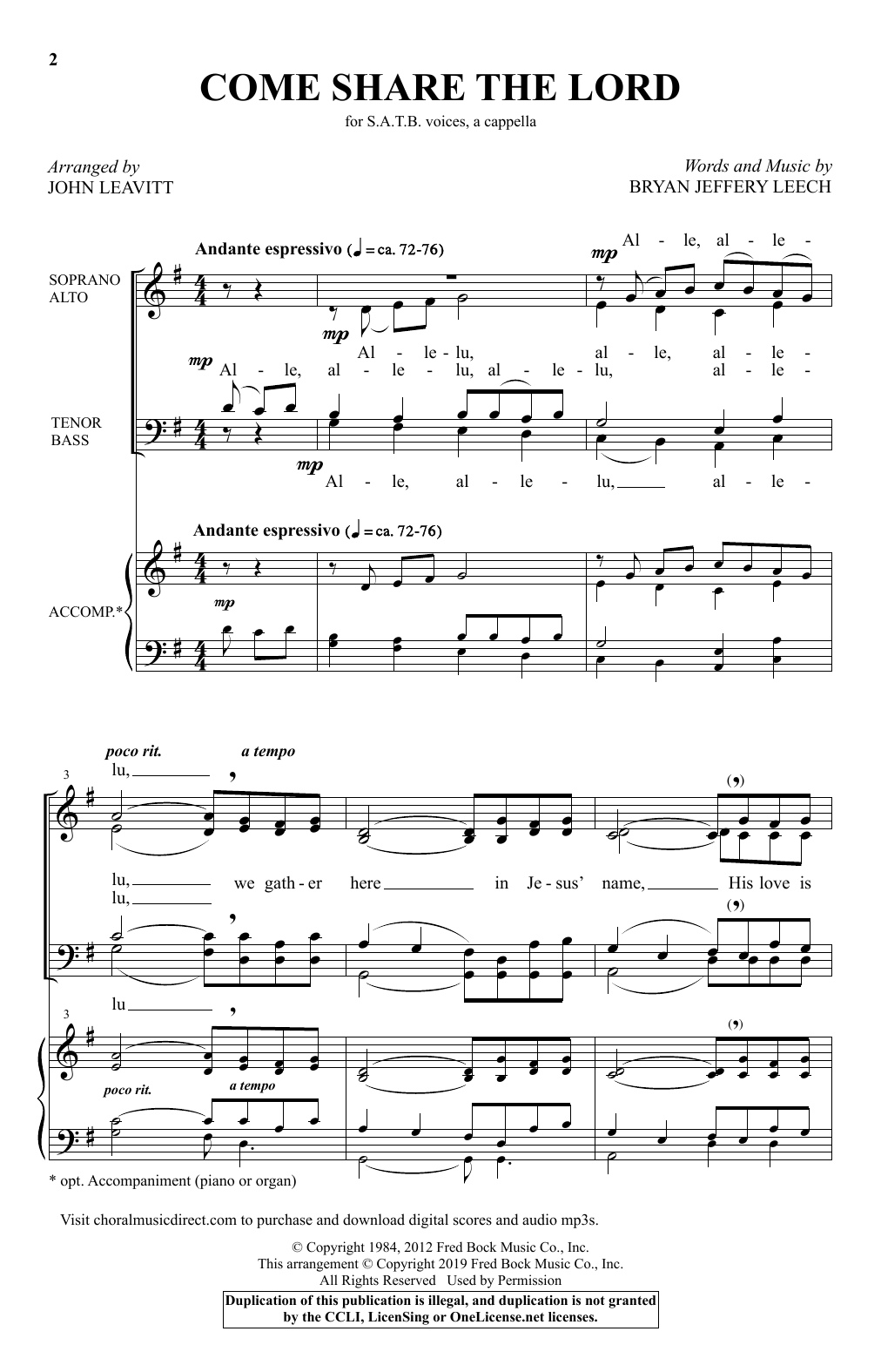 Download Bryan Jeffery Leech Come, Share The Lord (arr. John Leavitt) Sheet Music and learn how to play SATB Choir PDF digital score in minutes