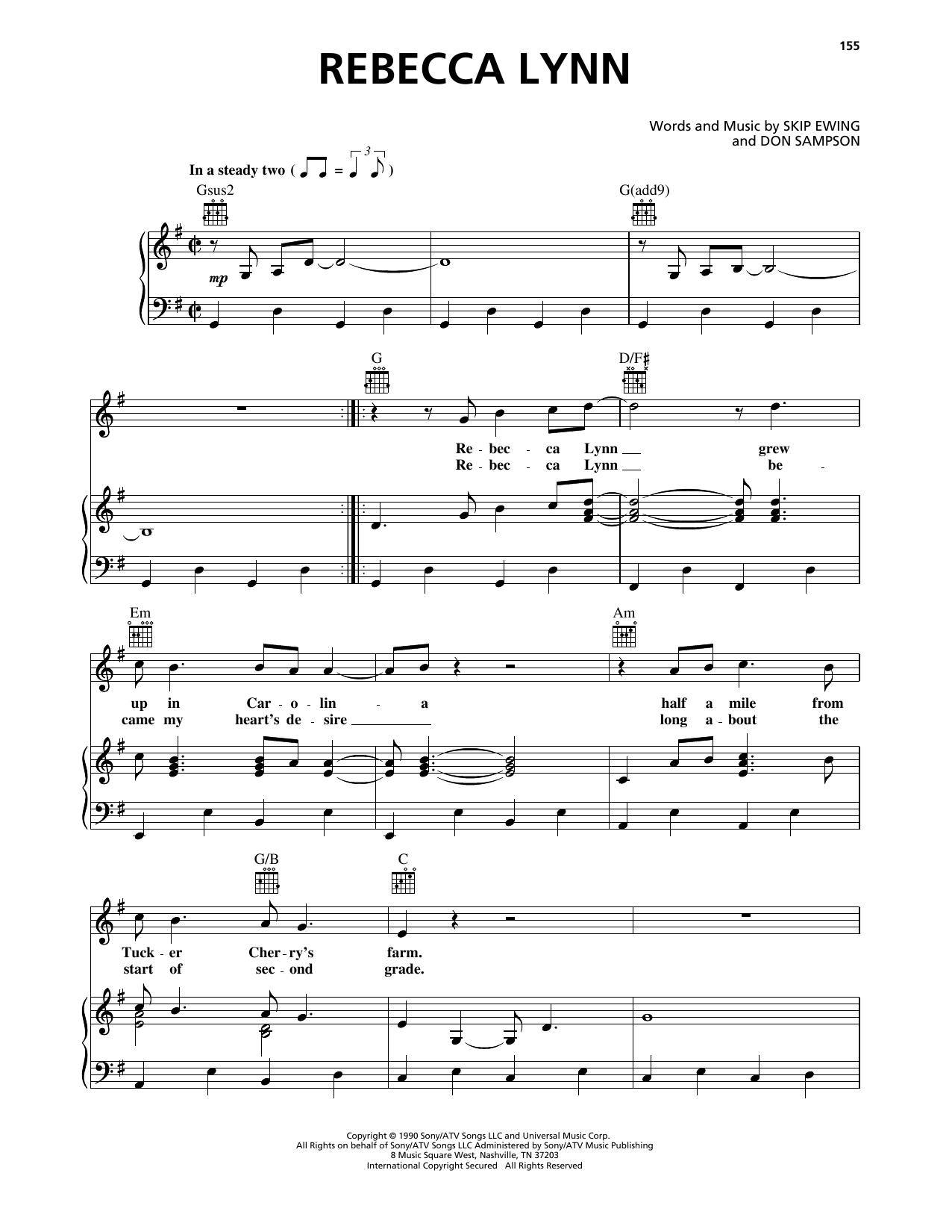 Download Bryan White Rebecca Lynn Sheet Music and learn how to play Piano, Vocal & Guitar Chords (Right-Hand Melody) PDF digital score in minutes