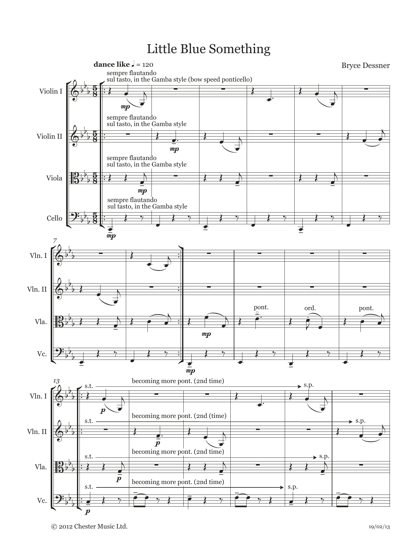 Download Bryce Dessner Little Blue Something (String quartet score & parts) Sheet Music and learn how to play Chamber Group PDF digital score in minutes